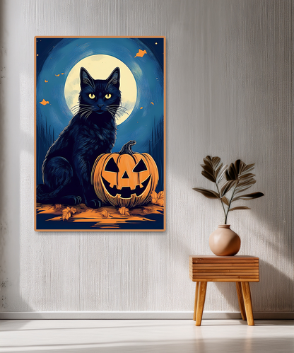 Midnight Black Cat – Halloween Canvas Print | Gothic Moonlight Wall Art