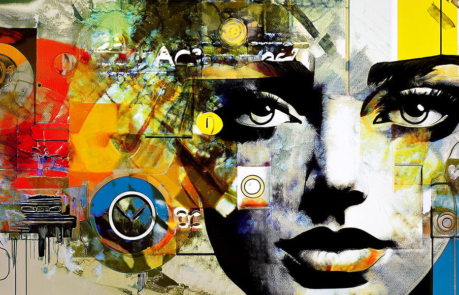 Pop Art Canvas Wall Art – Modern Abstract Face with Industrial Collage