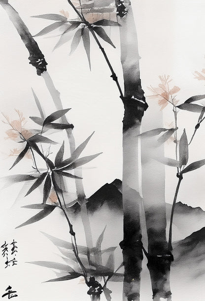 Bamboo Harmony – Japanese Ink Painting Canvas Print | Zen Minimalist Wall Art
