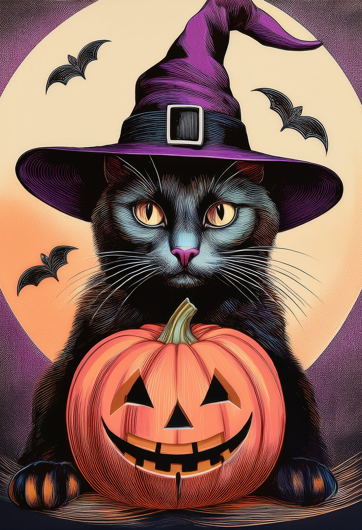 Witch Cat & Pumpkin – Halloween Canvas Print | Spooky Cute Wall Art