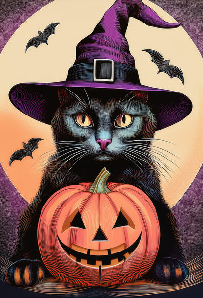 Witch Cat & Pumpkin – Halloween Canvas Print | Spooky Cute Wall Art