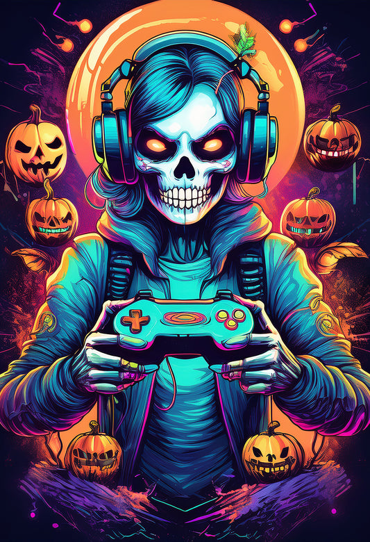 Neon Gamer Skull – Halloween Canvas Print | Cyber Horror Wall Art