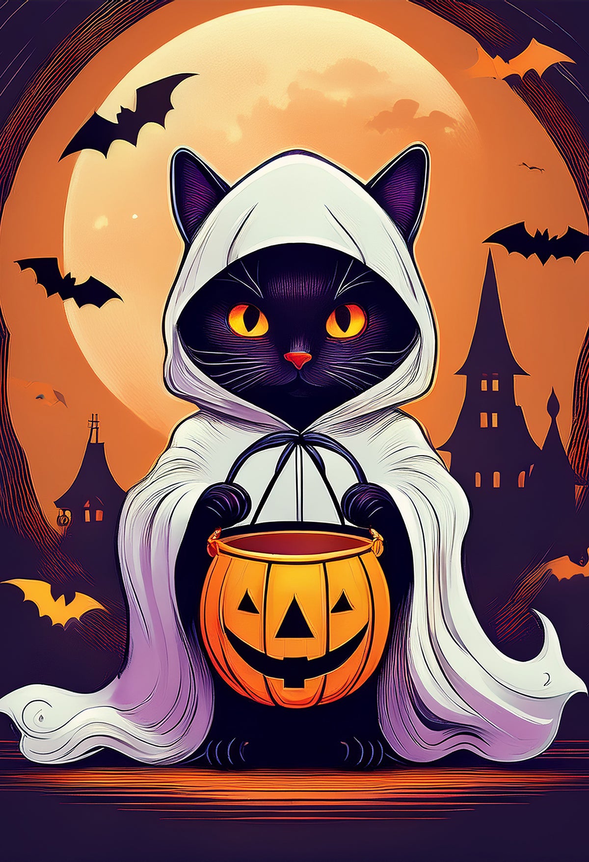 Ghost Cat & Pumpkin – Halloween Canvas Print | Spooky Cute Wall Art