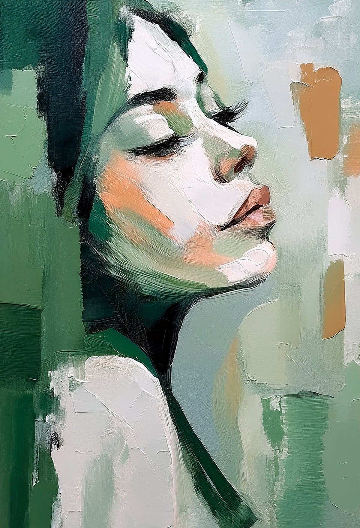 Serenity in Green – Abstract Female Portrait Canvas Print | Modern Textured Wall Art