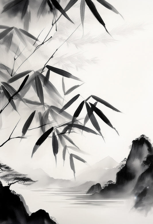 Zen Bamboo Landscape – Japanese Ink Wash Canvas Print | Minimalist Zen Wall Art