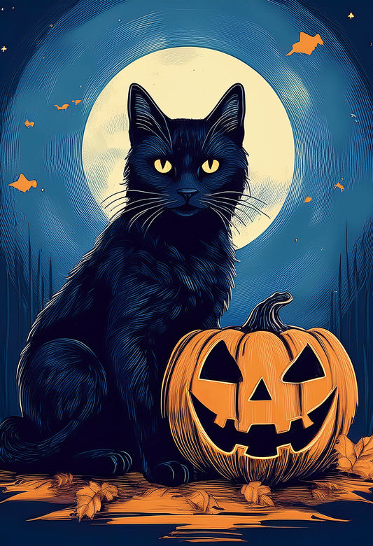 Midnight Black Cat – Halloween Canvas Print | Gothic Moonlight Wall Art