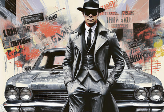 The Gentleman Noir – Modern Urban Portrait Canvas Print | Vintage Car & City Street Wall