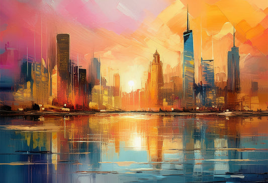 Golden City Sunset – Abstract Urban Skyline Canvas Wall Art