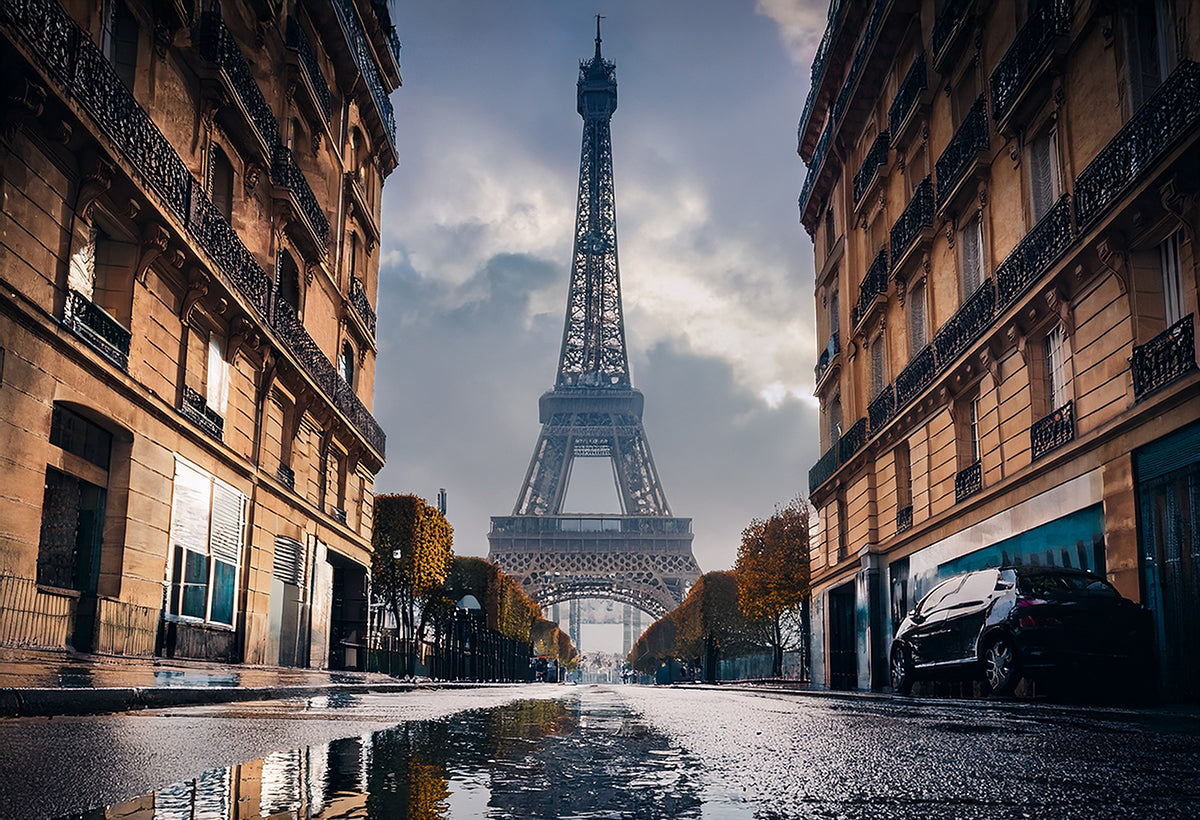 Paris Street View with Eiffel Tower – Fine Art Cityscape Canvas Print | Modern Architectural
