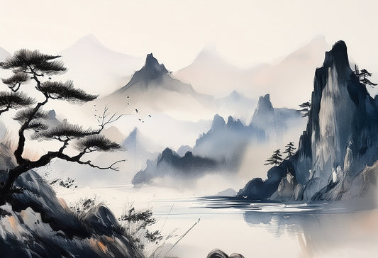 Misty Mountain Serenity – Japanese Ink Landscape Canvas Print | Zen Nature Wall Art