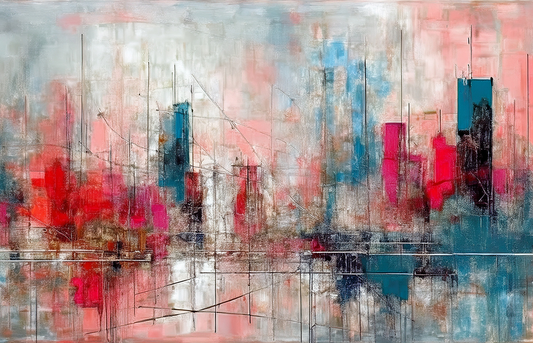 Abstract Skyline – Modern Cityscape Canvas Wall Art with Vibrant Red and Blue Urban Architecture