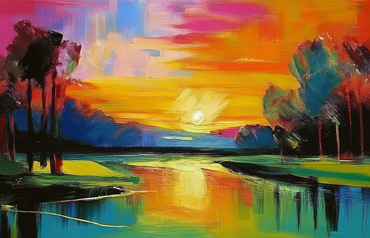 Radiant Sunset Reflections – Abstract Impressionist Landscape Canvas Wall Art