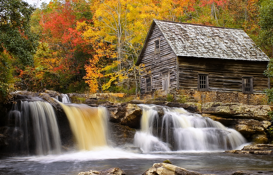 Autumn Mill Serenity – Rustic Waterfall Landscape Canvas Wall Art