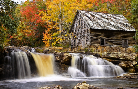 Autumn Mill Serenity – Rustic Waterfall Landscape Canvas Wall Art