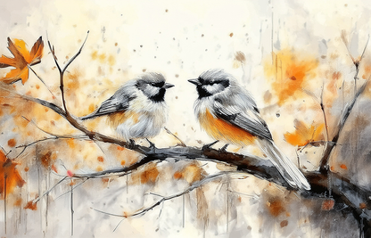 Autumn Songbirds – Abstract Birds on Branch Canvas Wall Art