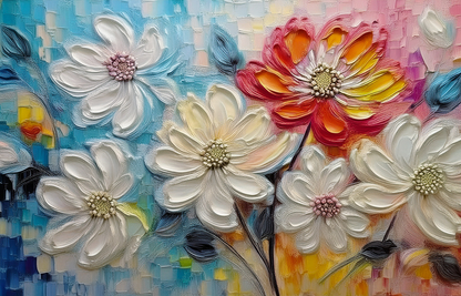 Blooming Colors – Vibrant Floral Canvas Wall Art with White and Red Blossoms on a Colorful Abstract Background