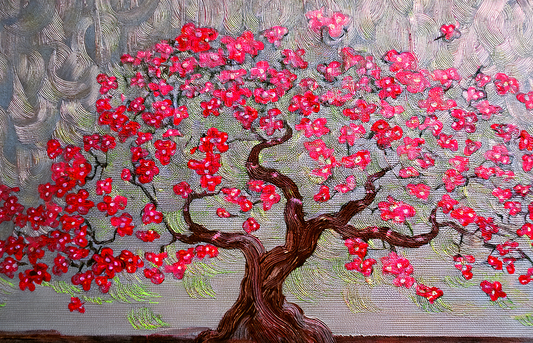 Blossoming Tree Canvas Wall Art – Elegant Red Floral Painting