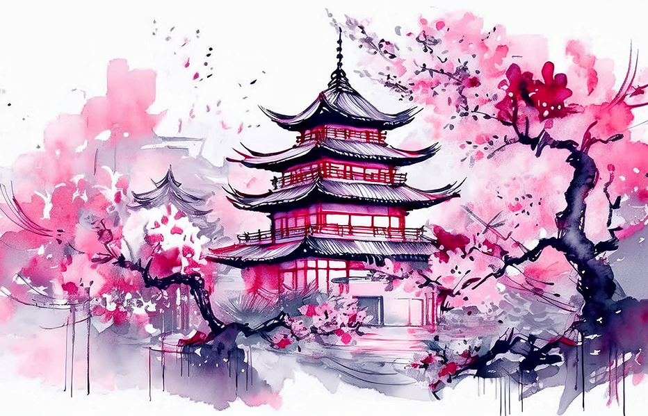 Blossoms of Tranquility Canvas Wall Art – Japanese Pagoda & Cherry Blossom Zen Painting