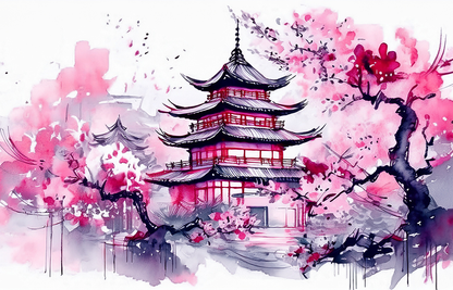 Blossoms of Tranquility Canvas Wall Art – Japanese Pagoda & Cherry Blossom Zen Painting