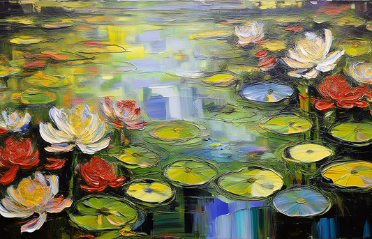 Water Lily Canvas Wall Art – Impressionist Pond Painting with Lotus Flowers