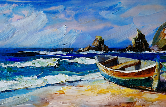 Coastal Serenity – Boat on the Shore Seascape Canvas Wall Art