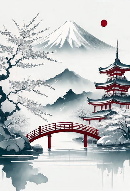 Bridge to Serenity Canvas Wall Art – Japanese Landscape Painting