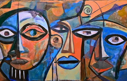 Carnival Faces in Chaos – Abstract Cubist Expression Canvas Wall Art