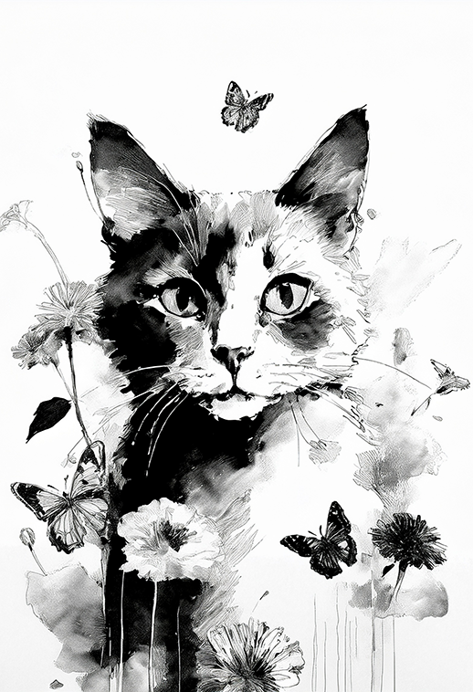 Abstract Ink Cat with Flowers and Butterflies Canvas Wall Art