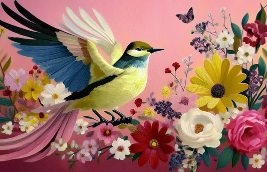 Floral Bird Canvas Wall Art – Colorful Garden with Blossoms and Butterfly