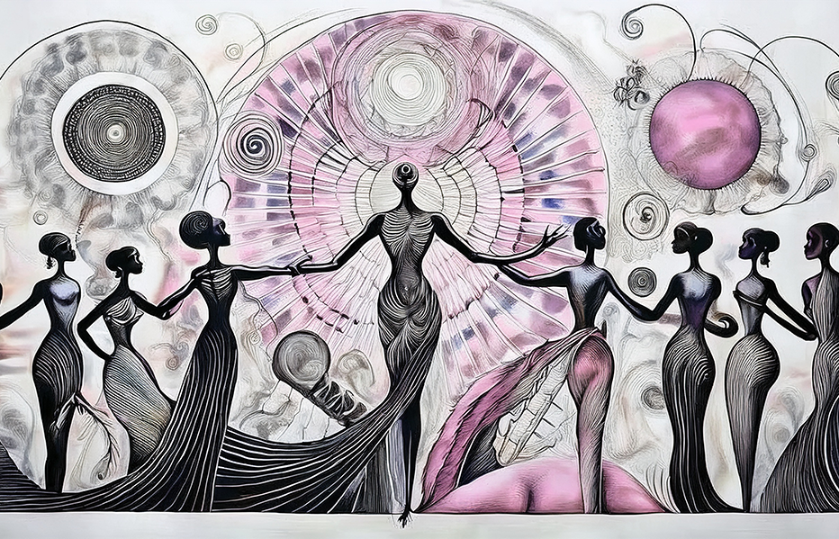 Celestial Circle – Surreal Feminine Forms with Cosmic Aura and Radiant Detail