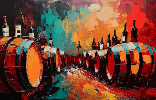 Cellar of Fire – Vibrant Wine Cellar with Barrels and Bottles Canvas Wall Art