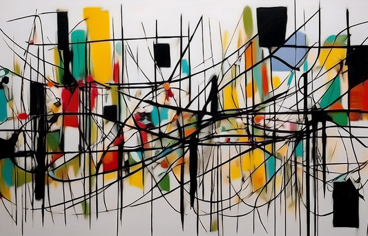 Chaotic Harmony – Abstract Geometric Line Art Canvas Wall Art with Bold Black Lines and Vibrant Color Blocks