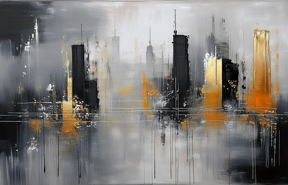 City in Monochrome – Modern Abstract Skyline in Black, White, and Gold Canvas Wall Art