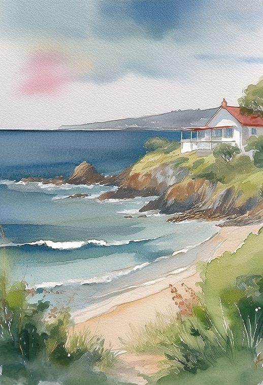 Coastal Serenity at Corona del Mar – Watercolor Seaside Canvas Wall Art