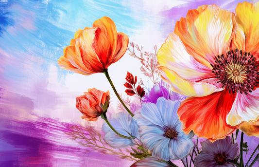 Vibrant Floral Canvas Wall Art – Colorful Blooming Flowers on Abstract Background