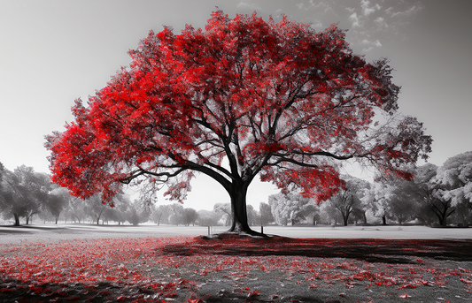 Red Tree Canvas Wall Art – Black and White Landscape with Bold Contrast