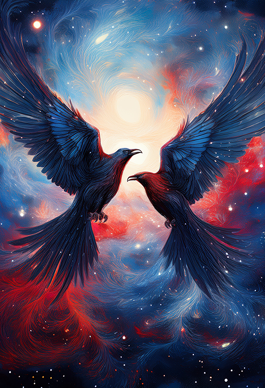 Cosmic Shadows – Mystical Ravens Abstract Canvas Wall Art