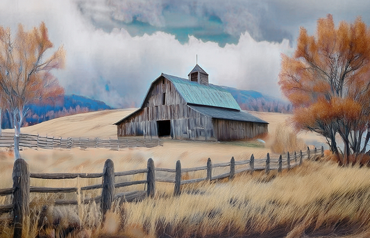 Rustic Countryside Barn Canvas Wall Art – Autumn Mountain & Forest Landscape
