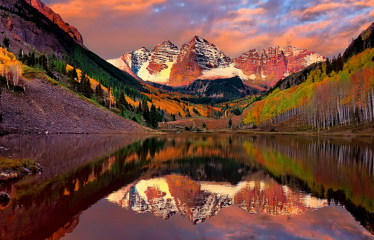 Crimson Peaks Reflection Canvas Wall Art – Autumn Mountain & Lake Landscape