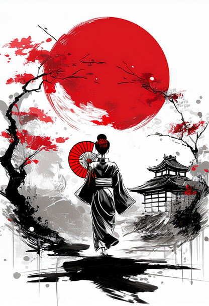 Crimson Sun Reverie Canvas Wall Art – Japanese Geisha Silhouette