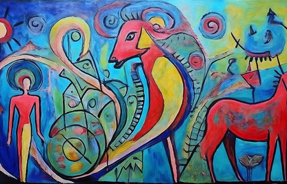 Mythic Realms – Abstract Creatures and Cosmic Symbols in Vivid Color