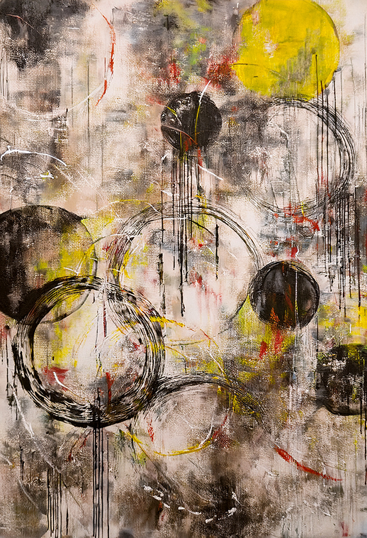 Echoes of Chaos – Abstract Circle Canvas Wall Art in Yellow, Black & Grey