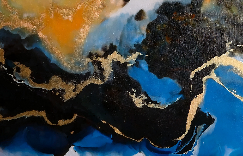 Celestial Flow – Abstract Swirl of Gold, Blue, and Cosmic Contrast
