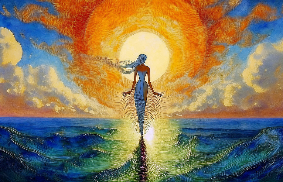 Sunward Ascension – Mystical Silhouette with Radiant Ocean and Sky