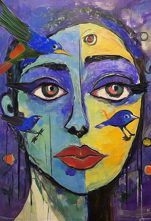 Surreal Woman Portrait Canvas Wall Art with Birds – Vibrant Abstract Print