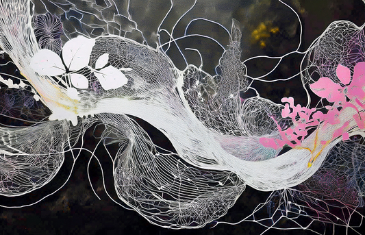 Abstract Line Art Canvas Wall Art – White Flow with Pink Floral Accents