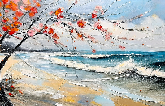 Falling Colors Canvas Wall Art – Abstract Coastal Waves & Blossom Tree Painting