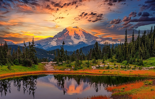 Fiery Peak Reflections Canvas Wall Art – Sunset Mountain & Forest Lake Landscape