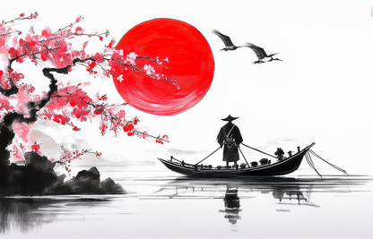 Fisherman under the Crimson Sun Canvas Wall Art – Japanese Minimal Zen Painting