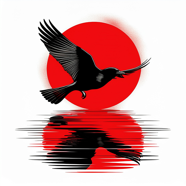Flight into the Crimson Sun – Modern Minimalist Bird Silhouette Art